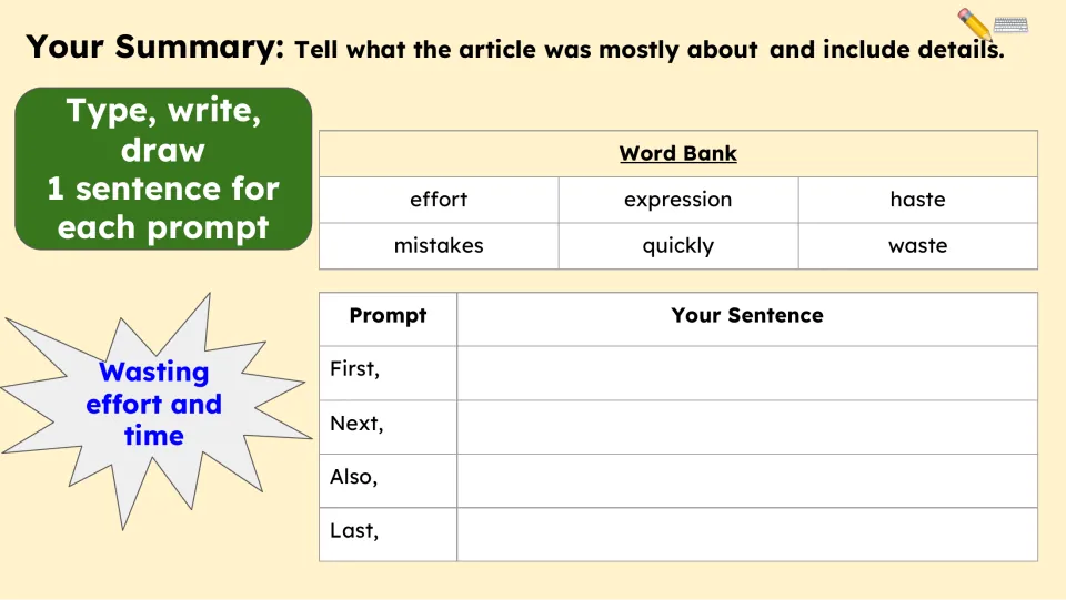 Summary activity asks for one sentence each using First, Next, Also, and Last, supported by a word bank