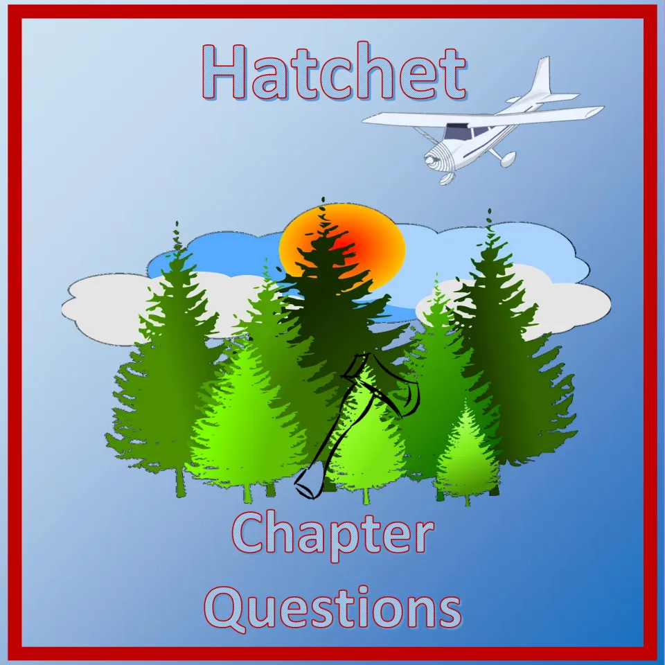 Hatchet Chapter Questions cover showing a small plane flying over a pine forest and sun, with a hatchet drawn in front