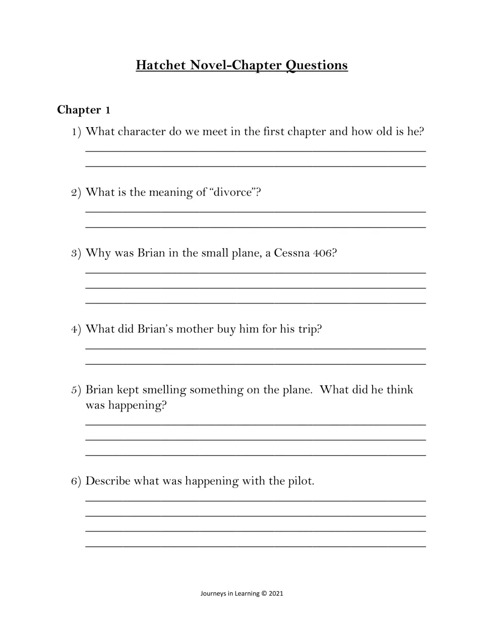 Chapter 1 comprehension: students write answers about Brian, his age, the word divorce, the Cessna 406 and the pilot