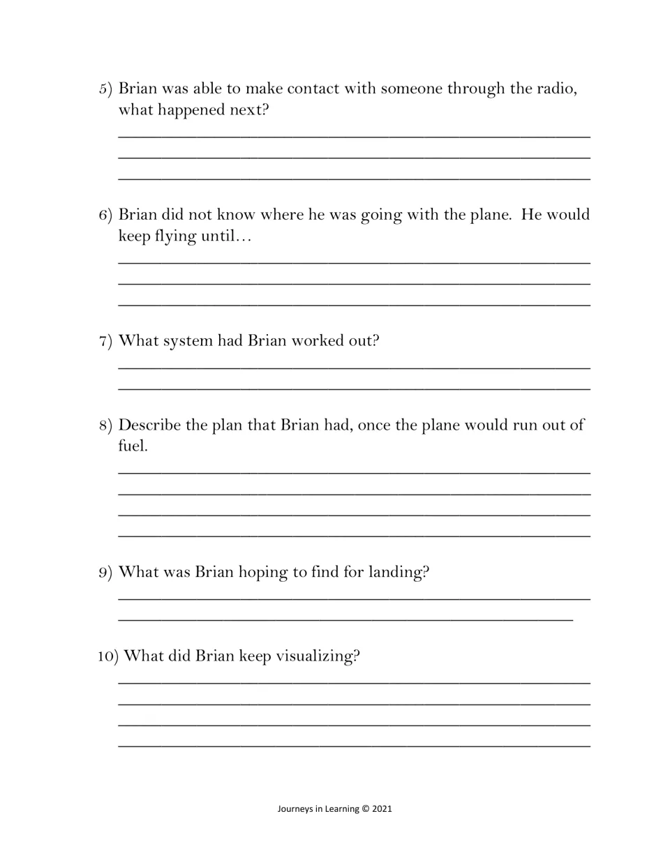 Chapter 2 recall questions 5-10: students describe Brian's radio contact, his fuel plan and what he hoped to land on