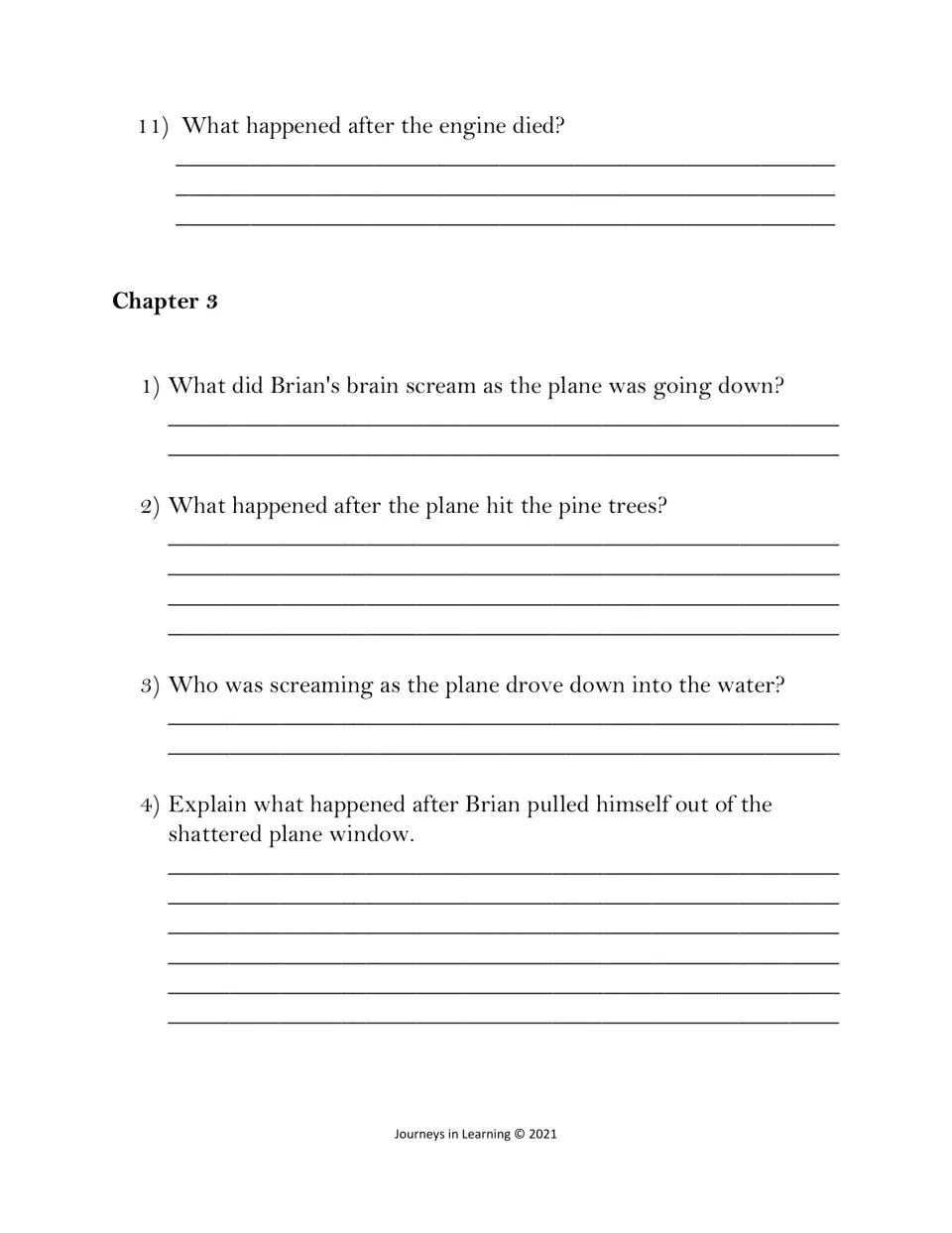 Chapters 2 and 3: students recall what happened after the engine died, the plane hitting the water and Brian's escape