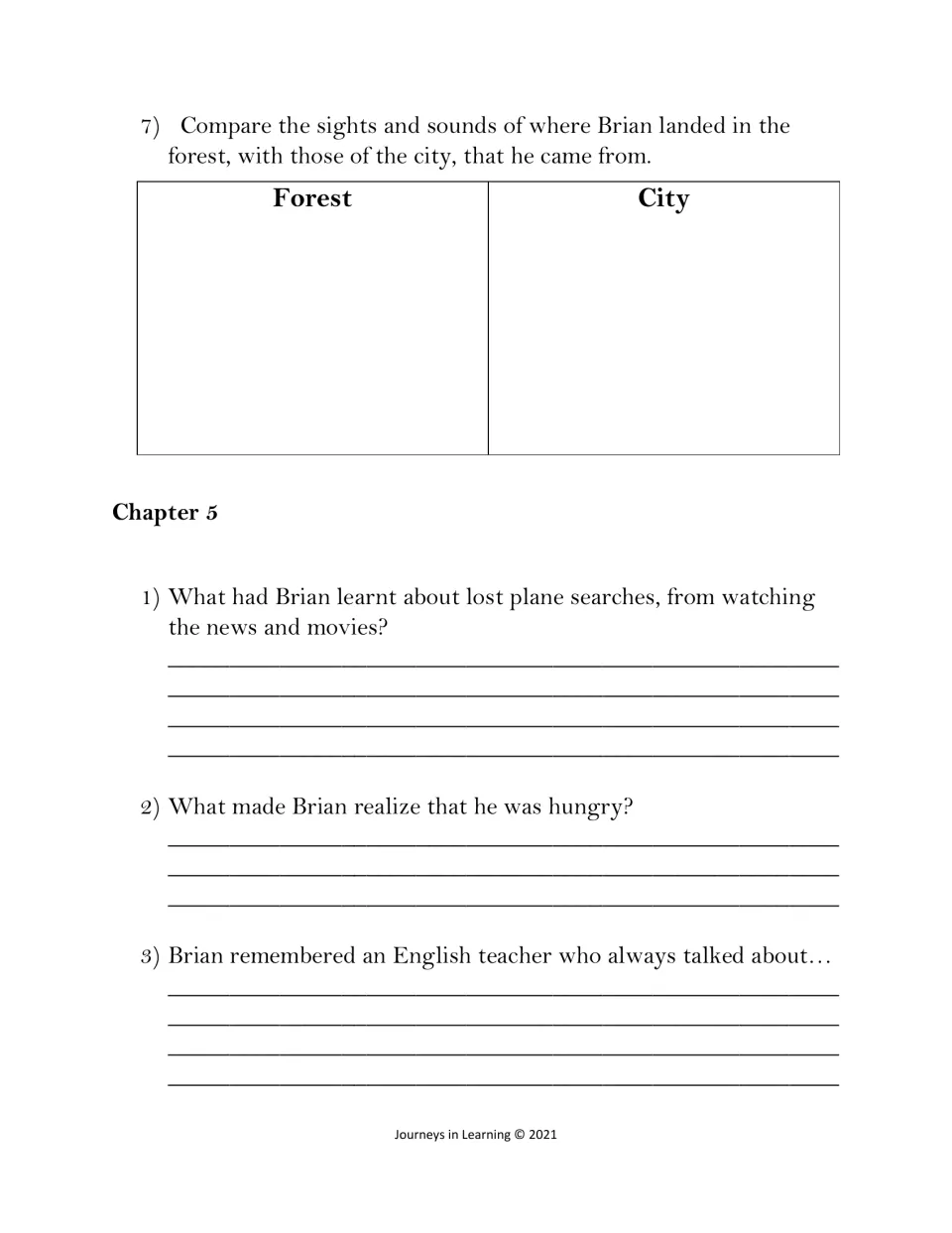 Forest vs city comparison of sights and sounds, then Chapter 5 questions on lost plane searches and Brian's hunger