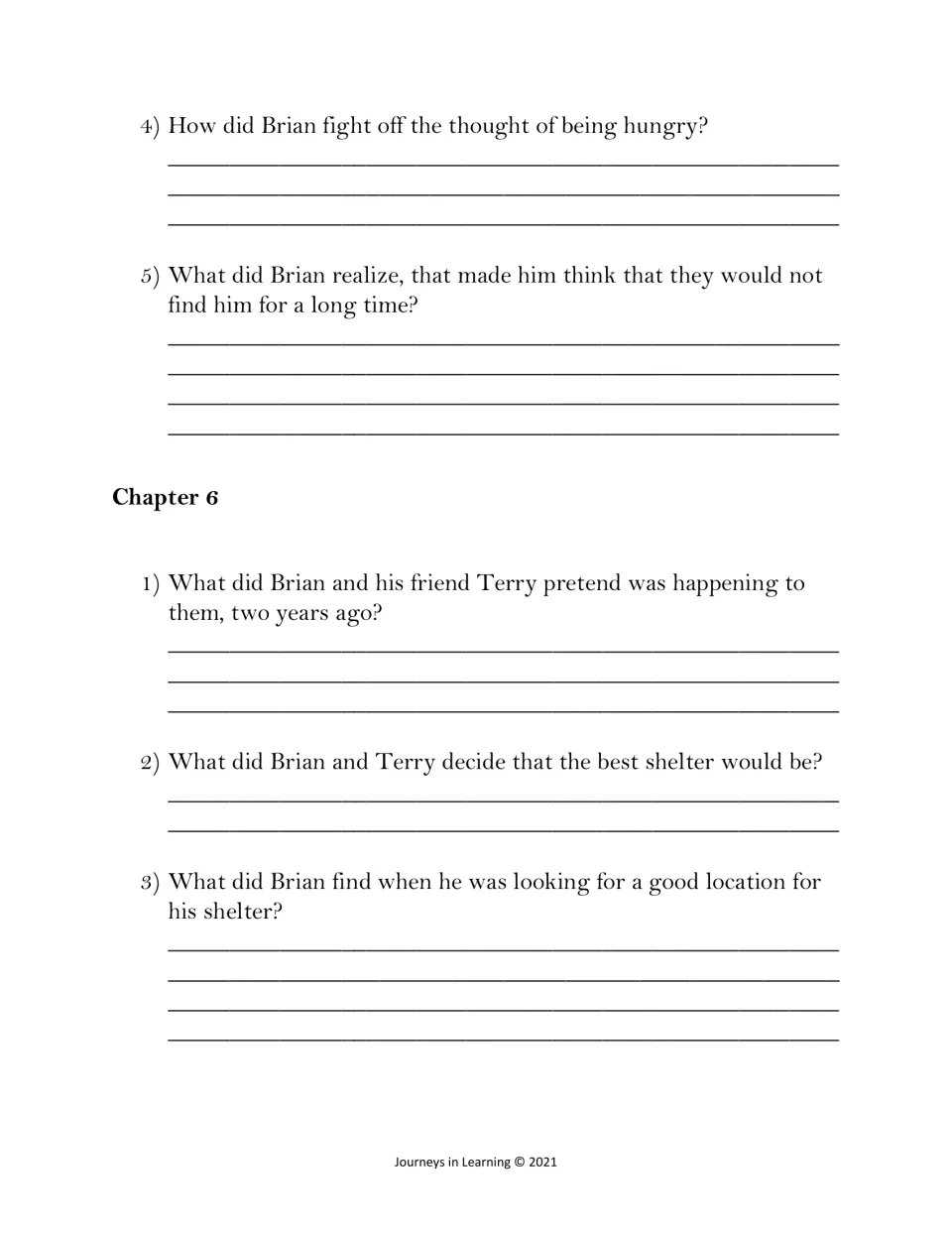 Chapters 5 and 6: students recall how Brian fought hunger, why rescue could take long, and what he chose for shelter