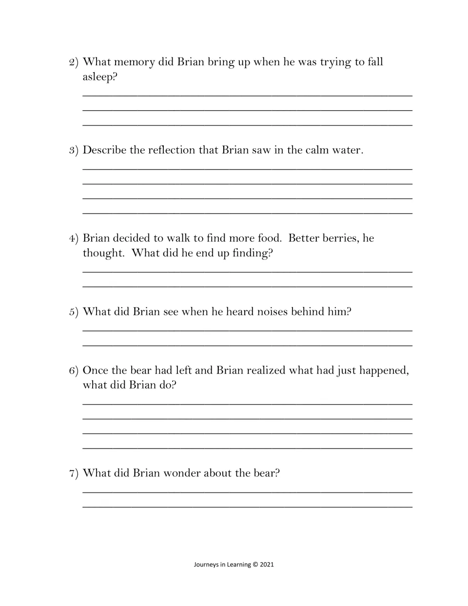 Chapter 7 questions: students recall Brian's memory, his reflection in the calm water and his encounter with a bear