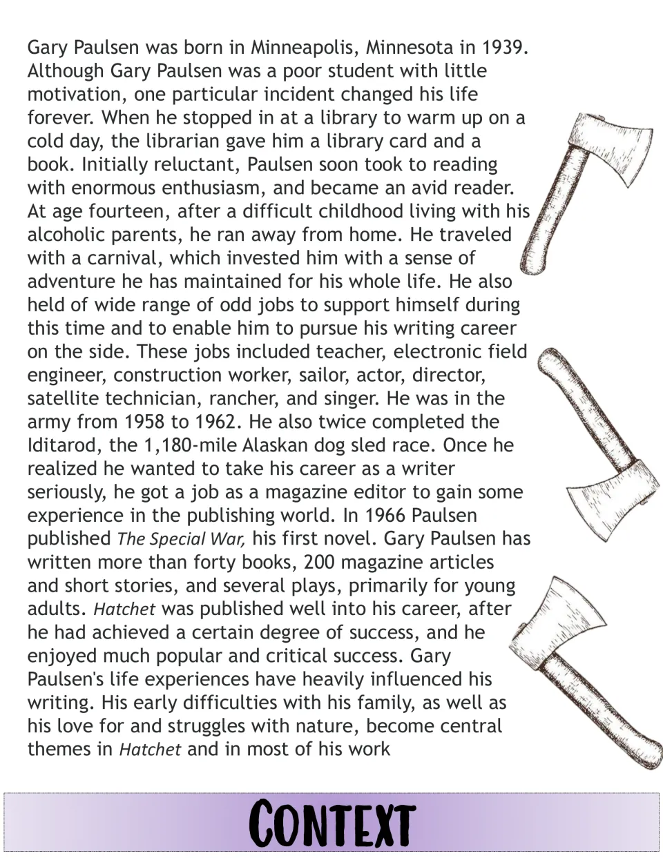 Context layer: Gary Paulsen biography covering his library turning point, odd jobs, the Iditarod and nature themes