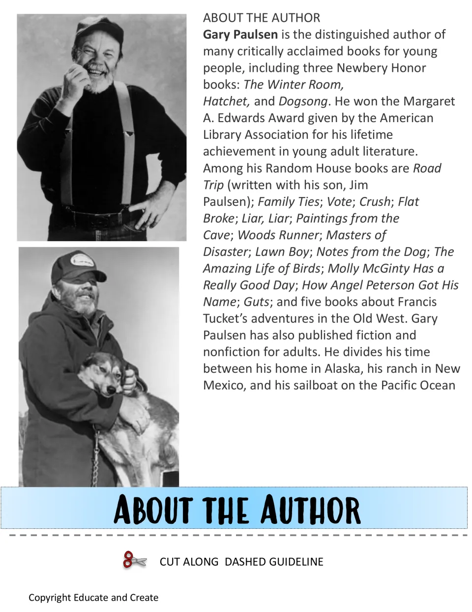 About the Author layer: two photos of Gary Paulsen and text on his Newbery Honor books, award and other titles