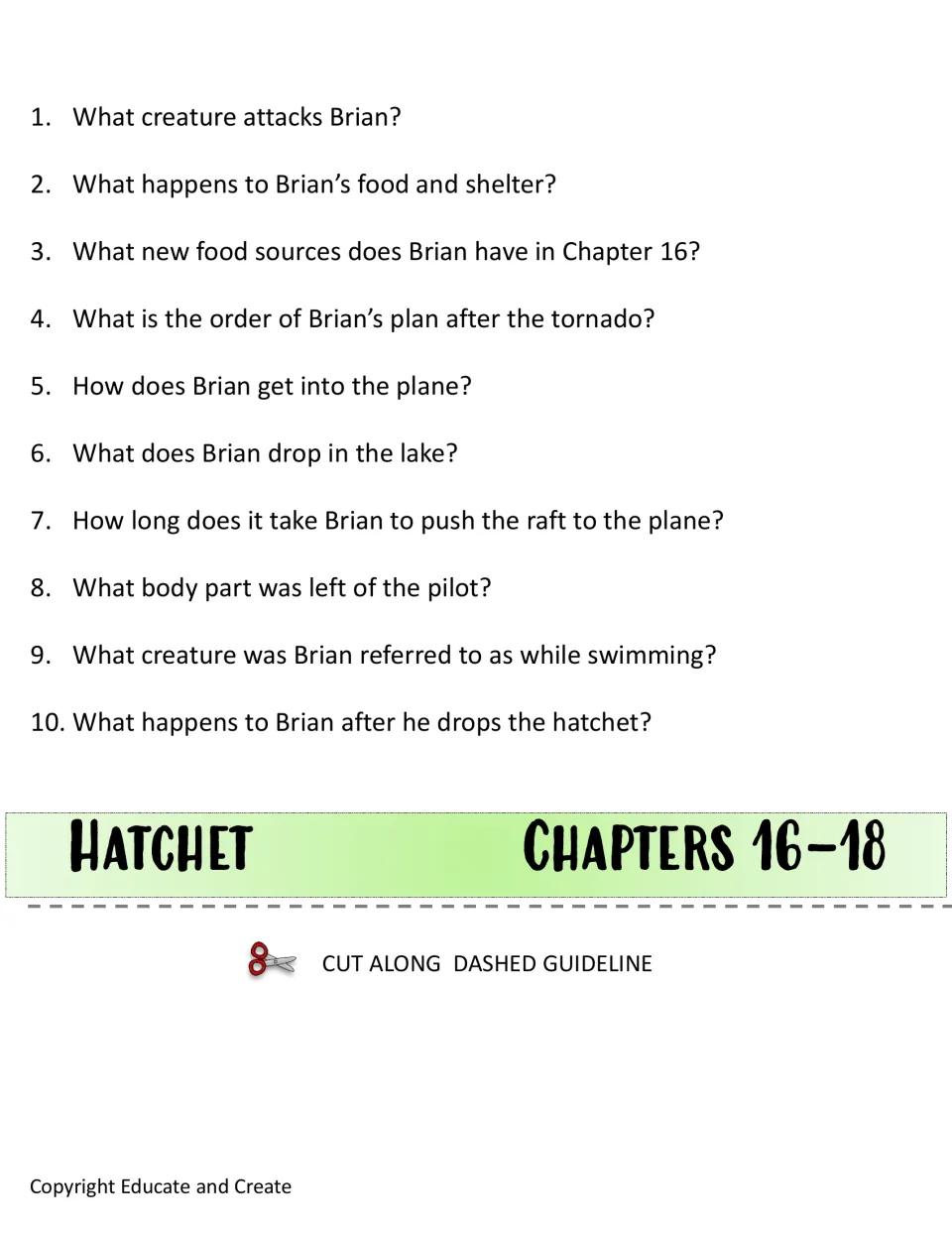 Chapters 16-18 questions: 10 recall items on an animal attack, the tornado, the raft and getting into the plane