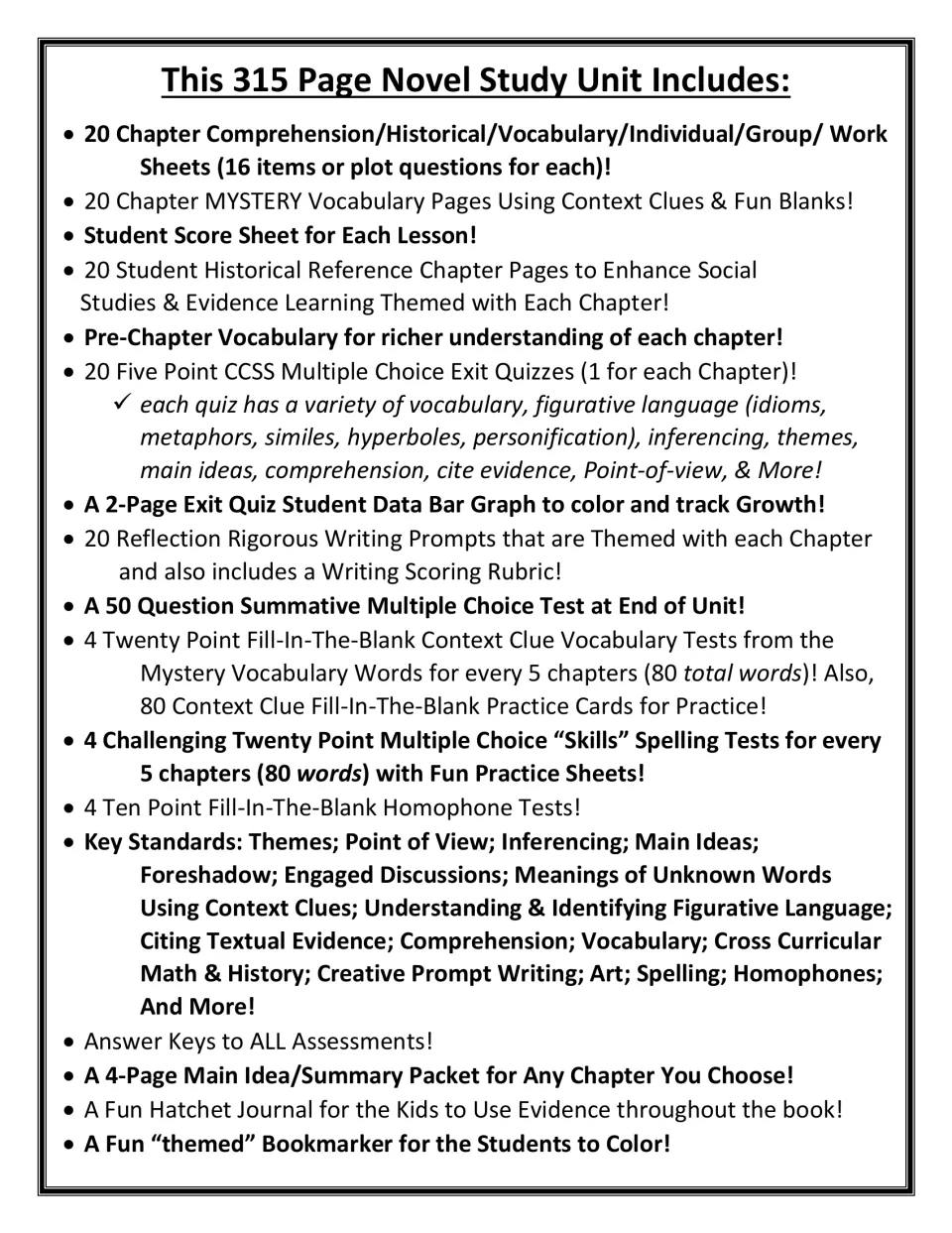 Contents list for the 315-page unit: chapter worksheets, exit quizzes, writing prompts, spelling and vocabulary tests
