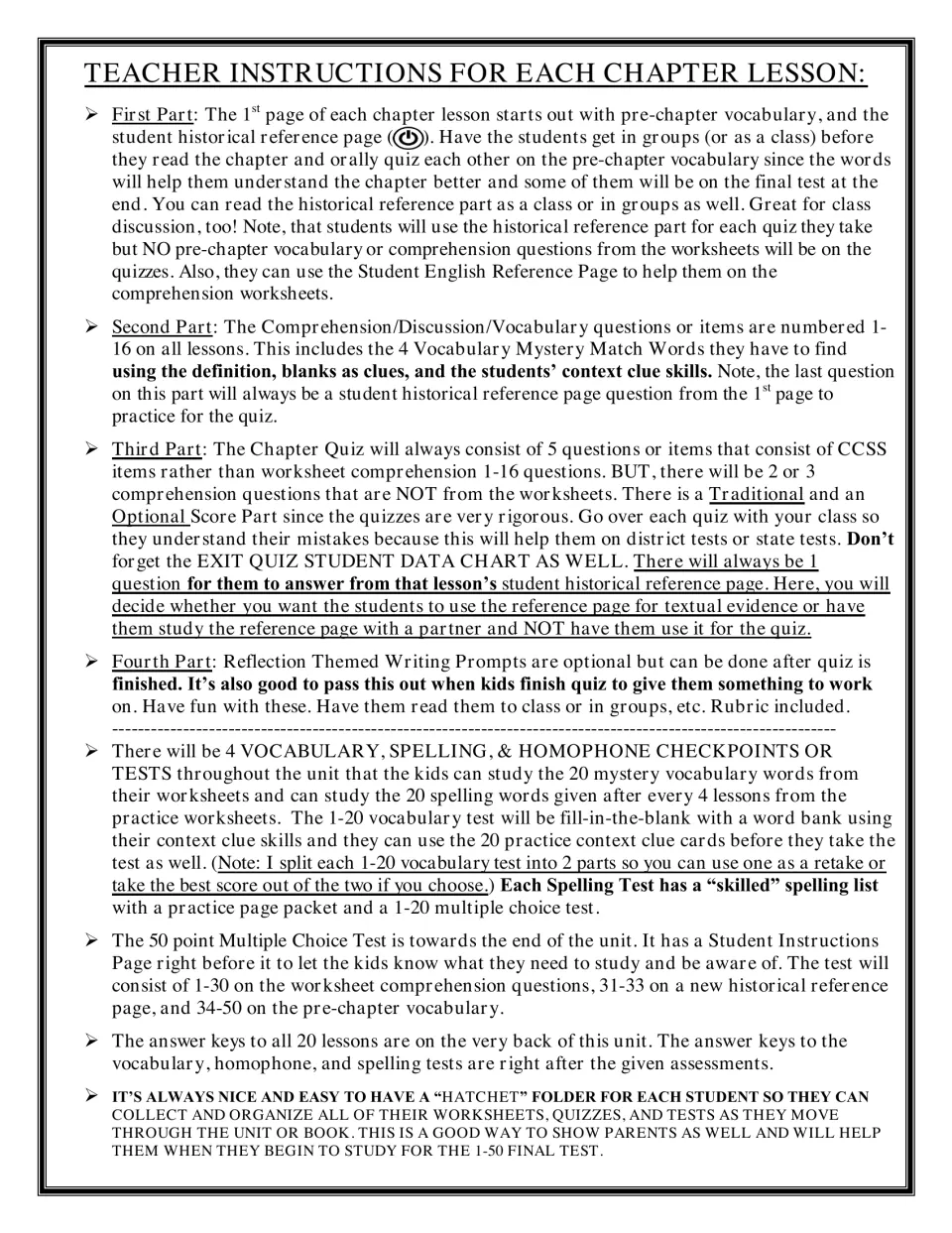 Teacher instructions for each chapter lesson: pre-chapter vocabulary, 16 comprehension items, 5-question quiz and prompt