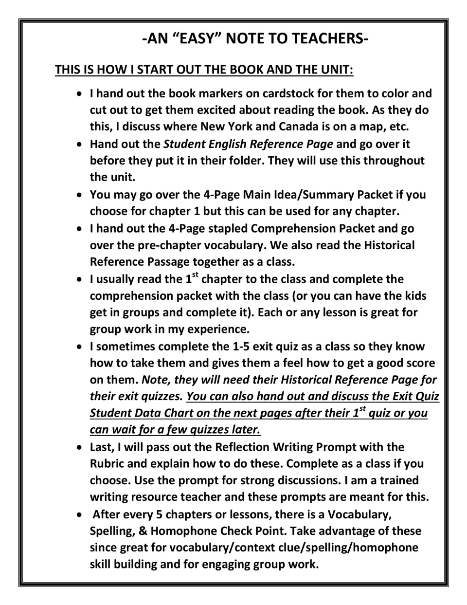 Teacher note on launching the novel: coloring bookmarks, mapping New York and Canada, and reading chapter 1 as a class
