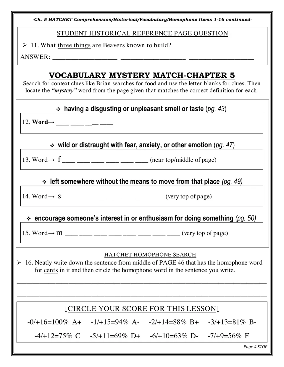 Chapter 5 vocabulary mystery match: students use definitions, page numbers and letter clues to find four words in the text