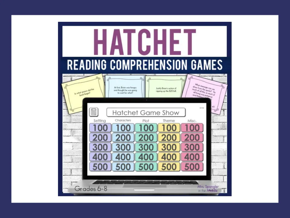 Hatchet Reading Comprehension Games cover: question task cards and a Game Show board on setting, characters, plot, theme