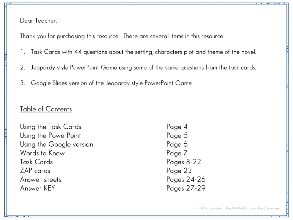 Teacher letter listing 44 novel task cards, a Jeopardy-style PowerPoint and a Google Slides game, plus a table of contents