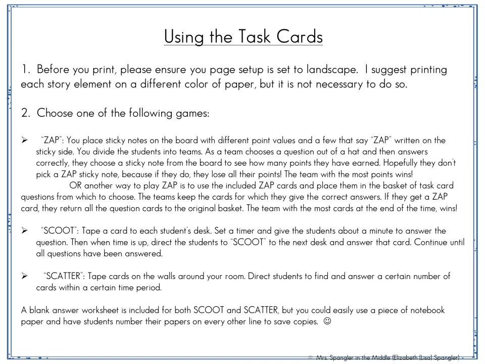 Using the Task Cards: printing tips and rules for three games, ZAP with sticky notes or ZAP cards, SCOOT and SCATTER
