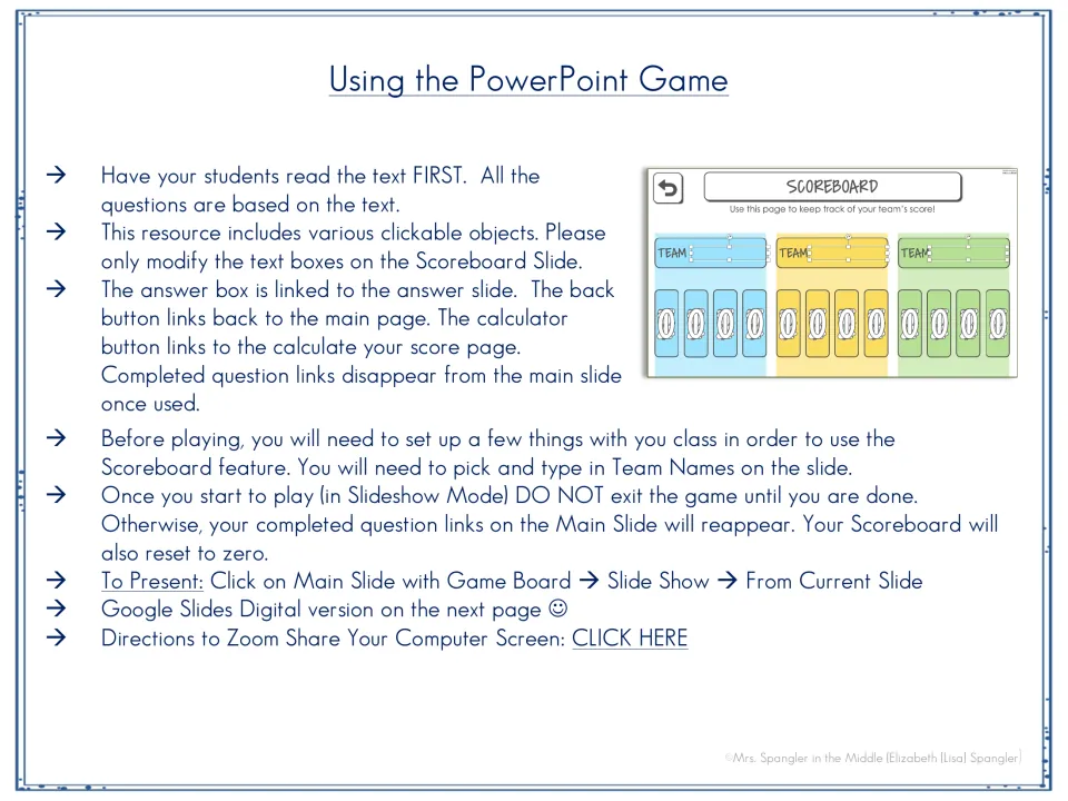 Using the PowerPoint Game: steps for entering team names on the scoreboard slide and presenting in Slideshow Mode