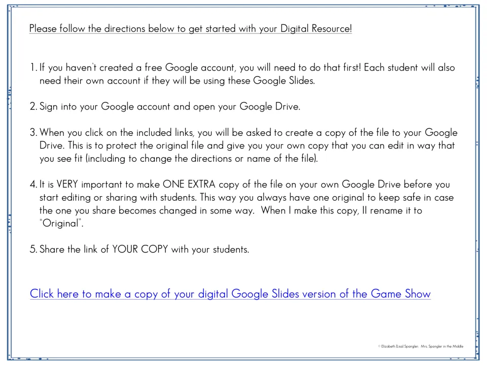 Google Slides directions: sign in, make a copy of the game show file, keep an extra original and share your copy