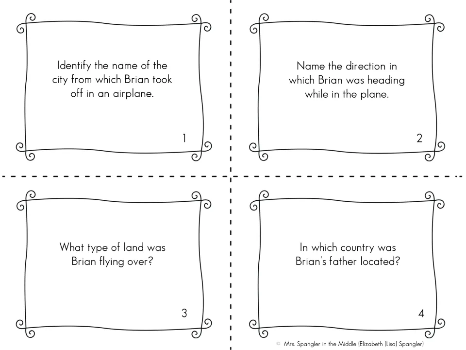Setting task cards 1-4: students name Brian's departure city, flight direction, land below and his father's country