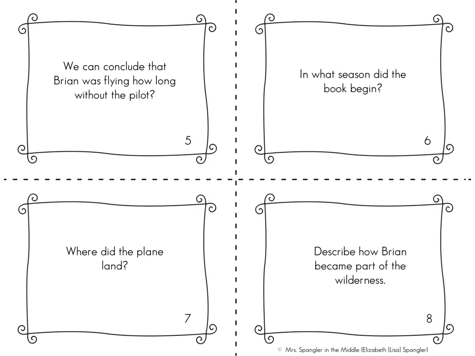Setting task cards 5-8: students tell how long Brian flew alone, season, where the plane landed and how he joined the wild