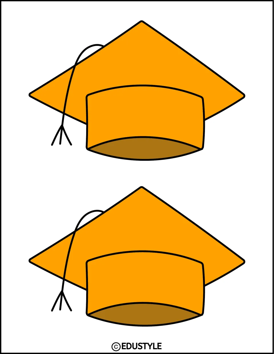 Two orange graduation cap cutouts with black tassels for the kit's graduation bulletin board or door display