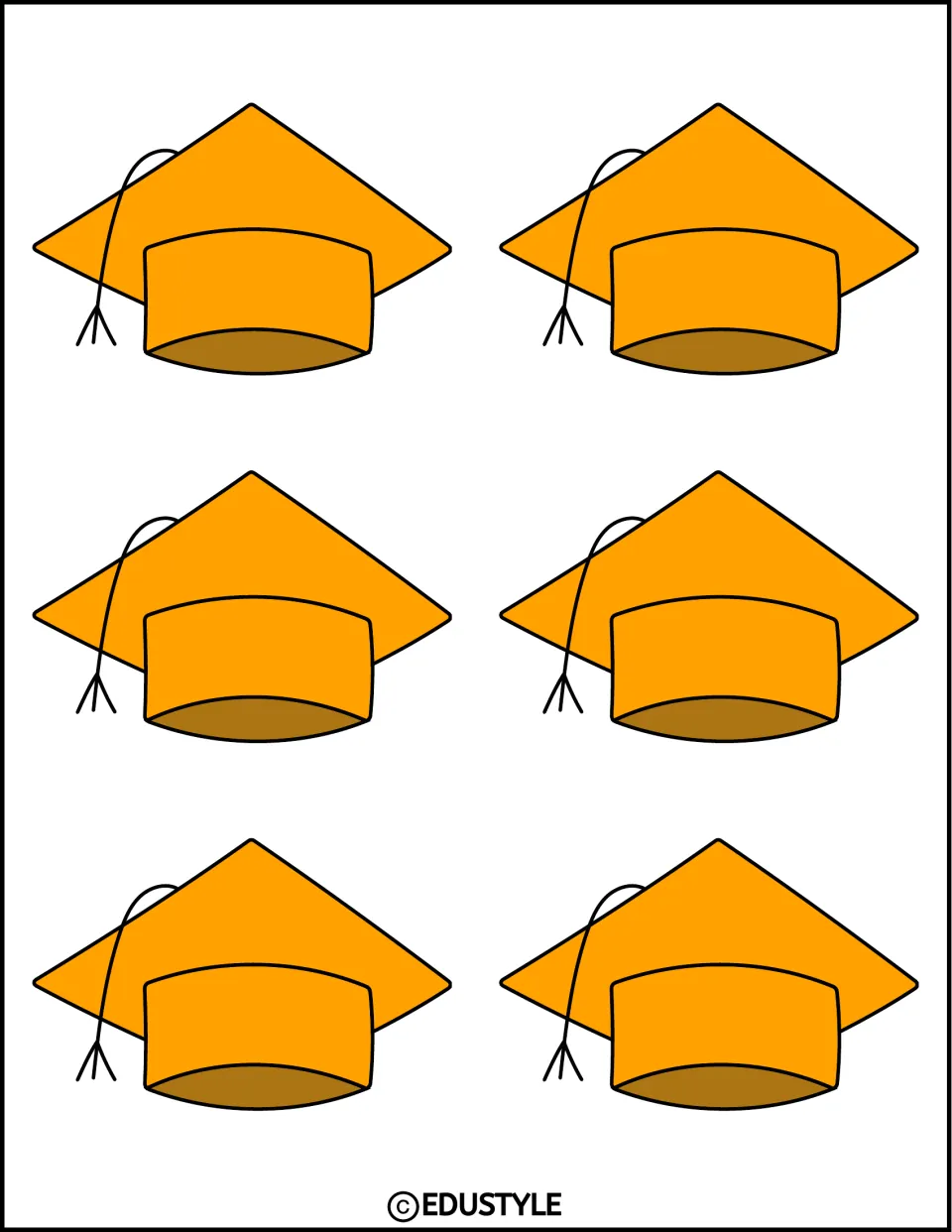 Six orange graduation cap cutouts with black tassels for the kit's graduation bulletin board or door display