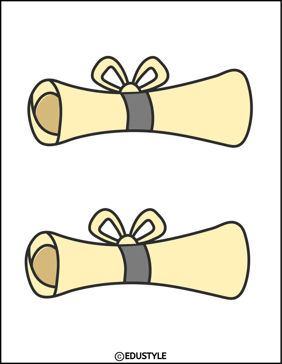 Two rolled diploma cutouts in pale yellow with gray bands and bows for the kit's graduation display