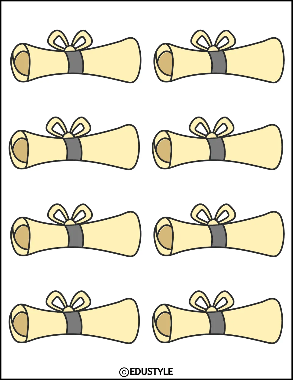 Eight rolled diploma cutouts in pale yellow with gray bands and bows for the kit's graduation display