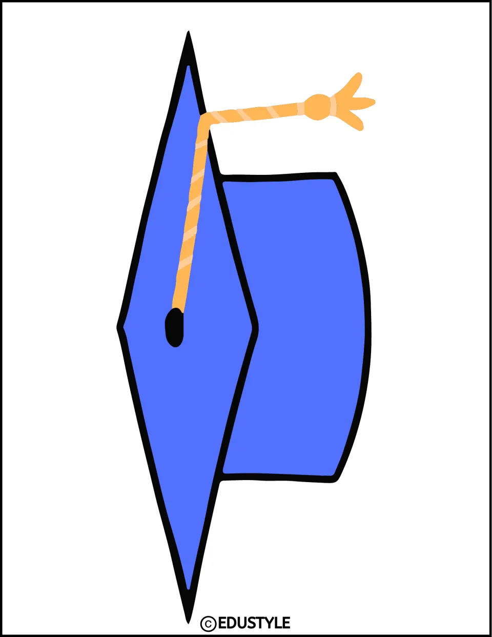 Sideways graduation cap cut-out in blue, with the orange tassel flipped up and out toward the upper right corner
