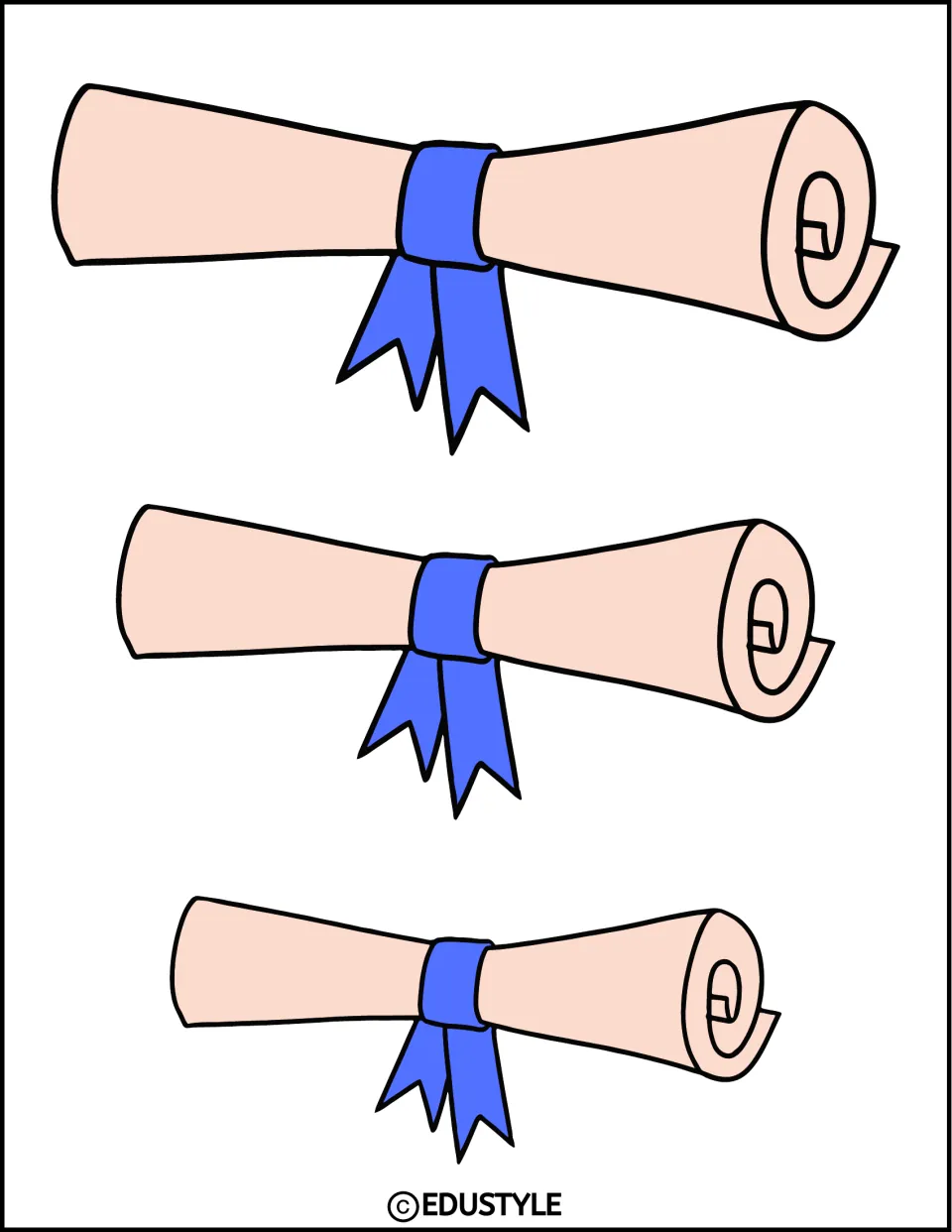 Diploma scroll cut-outs: three horizontal rolled peach diplomas in decreasing sizes, each tied with a blue ribbon