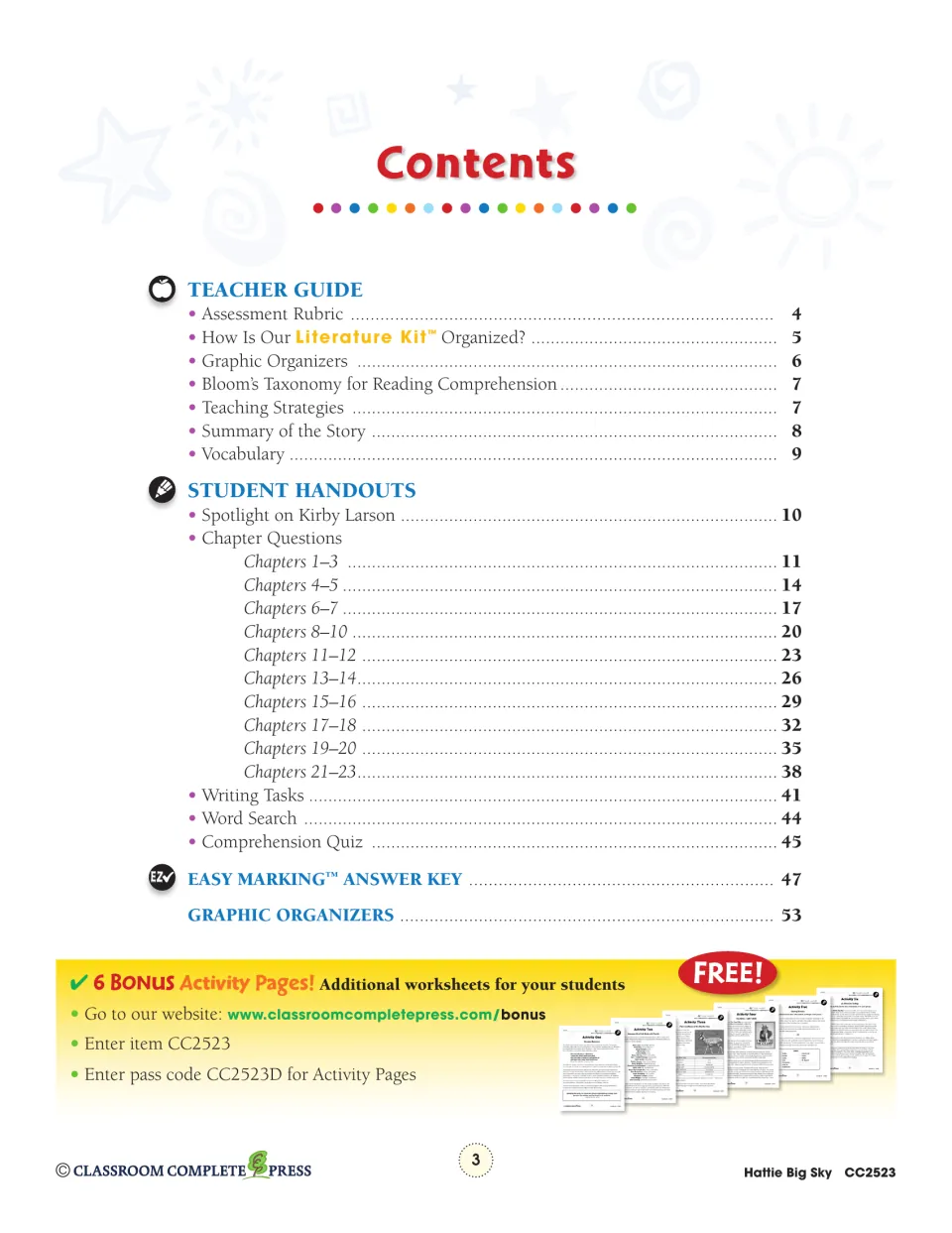 Literature kit contents listing the teacher guide, chapter handouts, writing tasks, quiz, and answer key