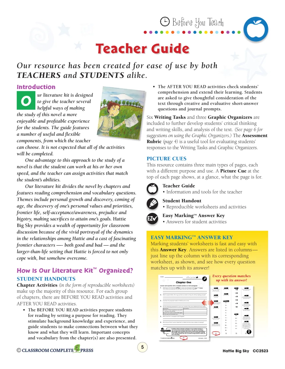 Teacher guide explaining before- and after-reading activities, six writing tasks, and three graphic organizers