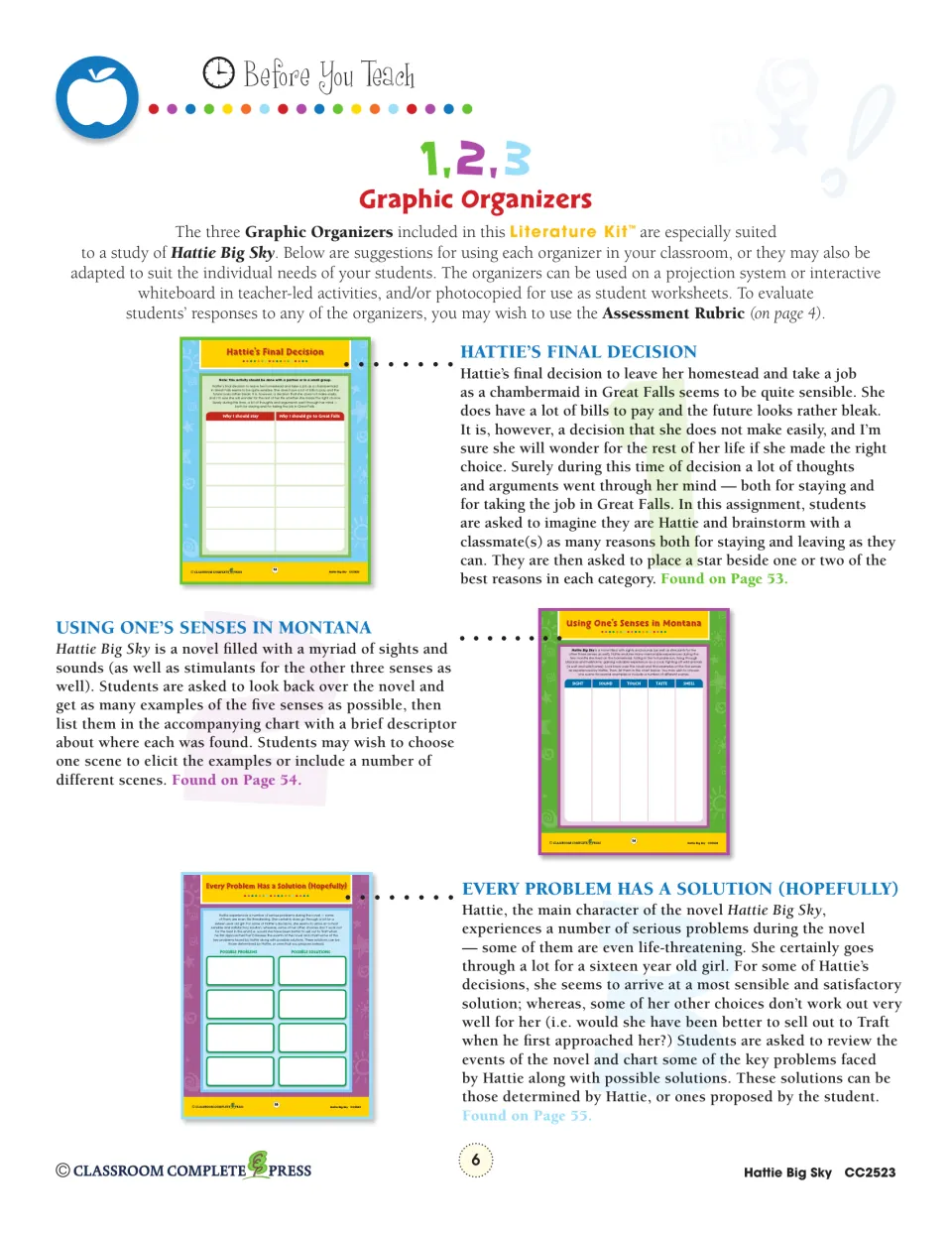 Teacher notes for three organizers on Hattie's final decision, sensory details in Montana, and problem solving
