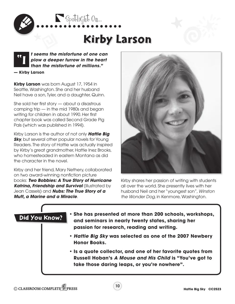 Author spotlight on Kirby Larson covering her writing career, family inspiration for Hattie, and Newbery honor