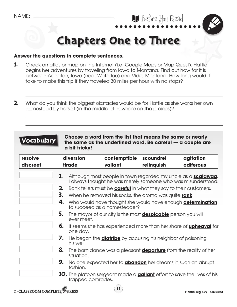 Chapters 1–3 prereading handout asking about Hattie's trip and homestead challenges, plus ten synonym questions