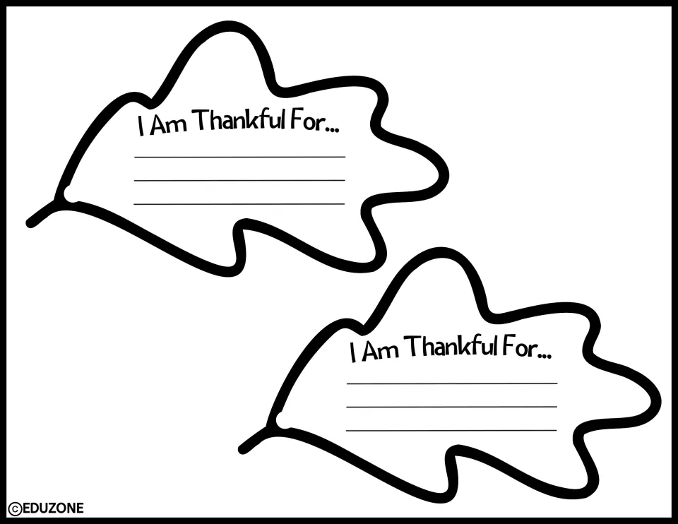 Two oak-shaped leaf writing cutouts, each with 'I Am Thankful For...', for the gratitude bulletin board