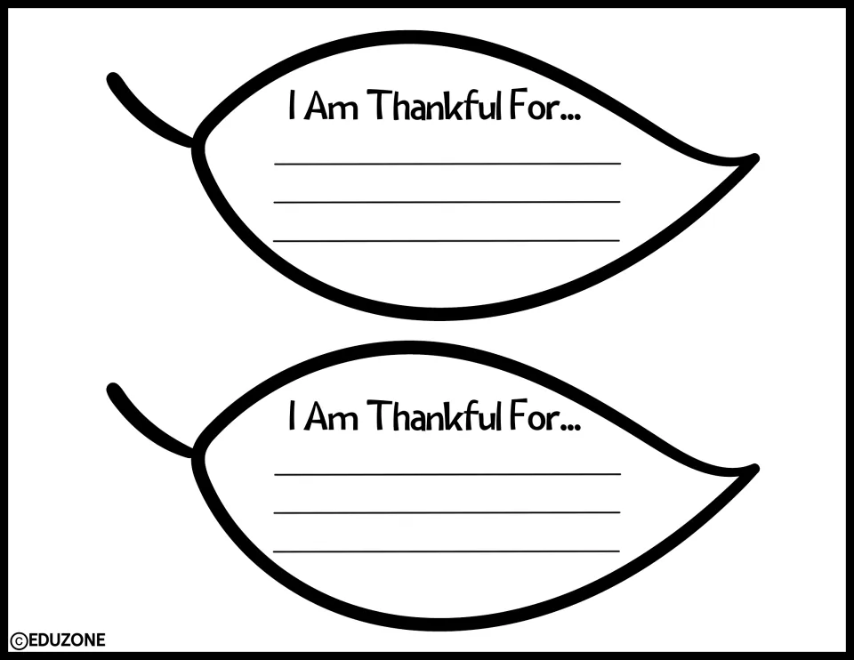 Two oval leaf writing cutouts, each with the prompt 'I Am Thankful For...', for the gratitude display