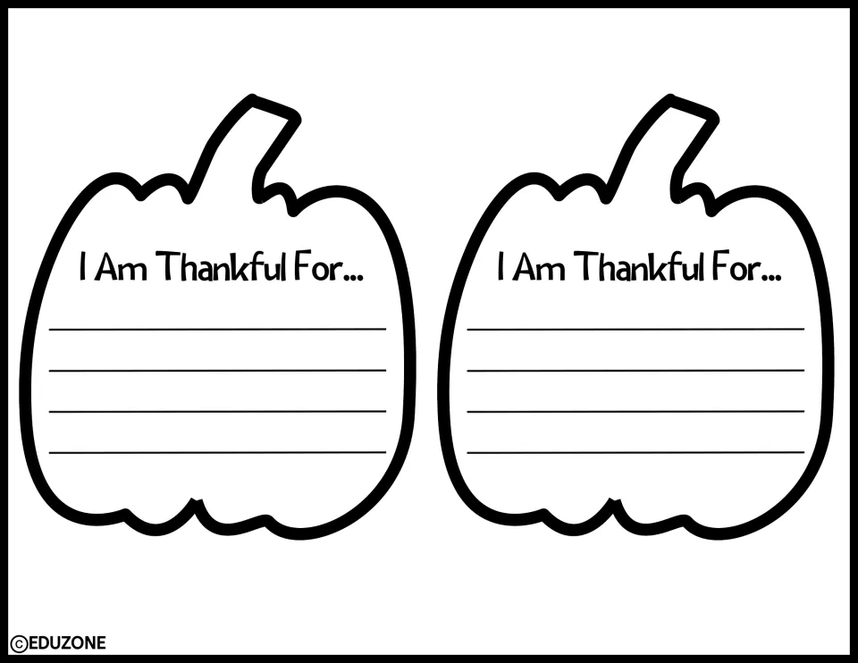 Two pumpkin writing cutouts, each with the prompt 'I Am Thankful For...', for the gratitude display