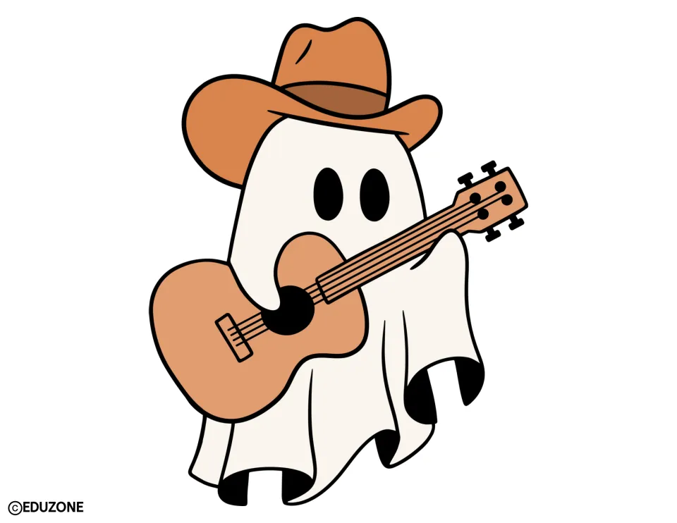 Halloween bulletin board and door decor cutout of a white ghost wearing a cowboy hat and holding a guitar
