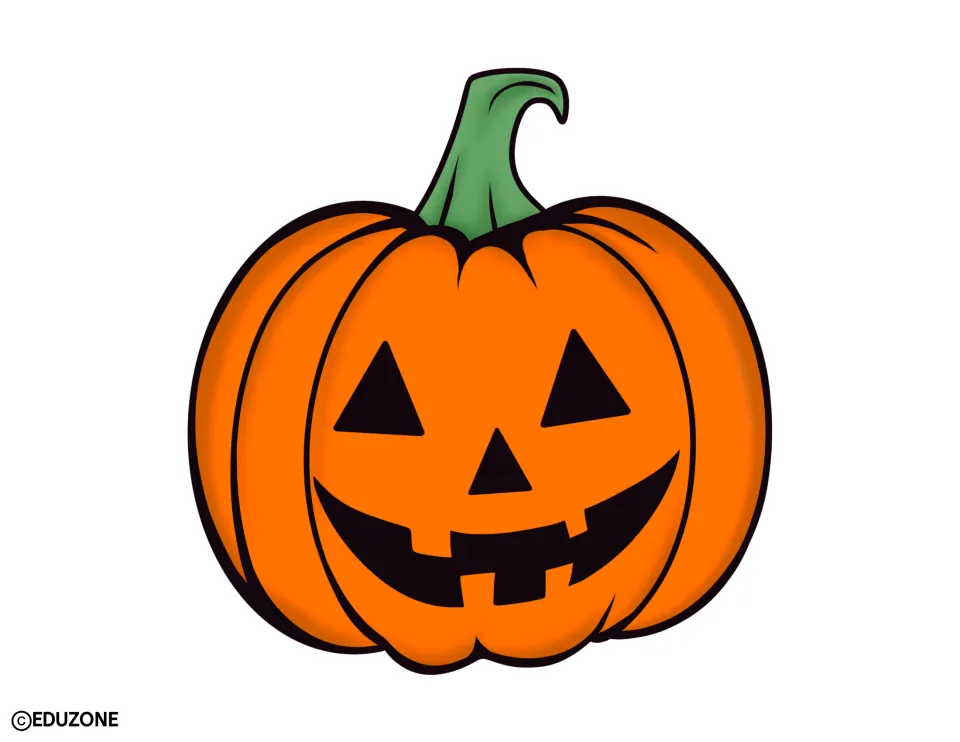 Halloween display cutout of an orange jack-o’-lantern with a toothy smile and a green stem curving right