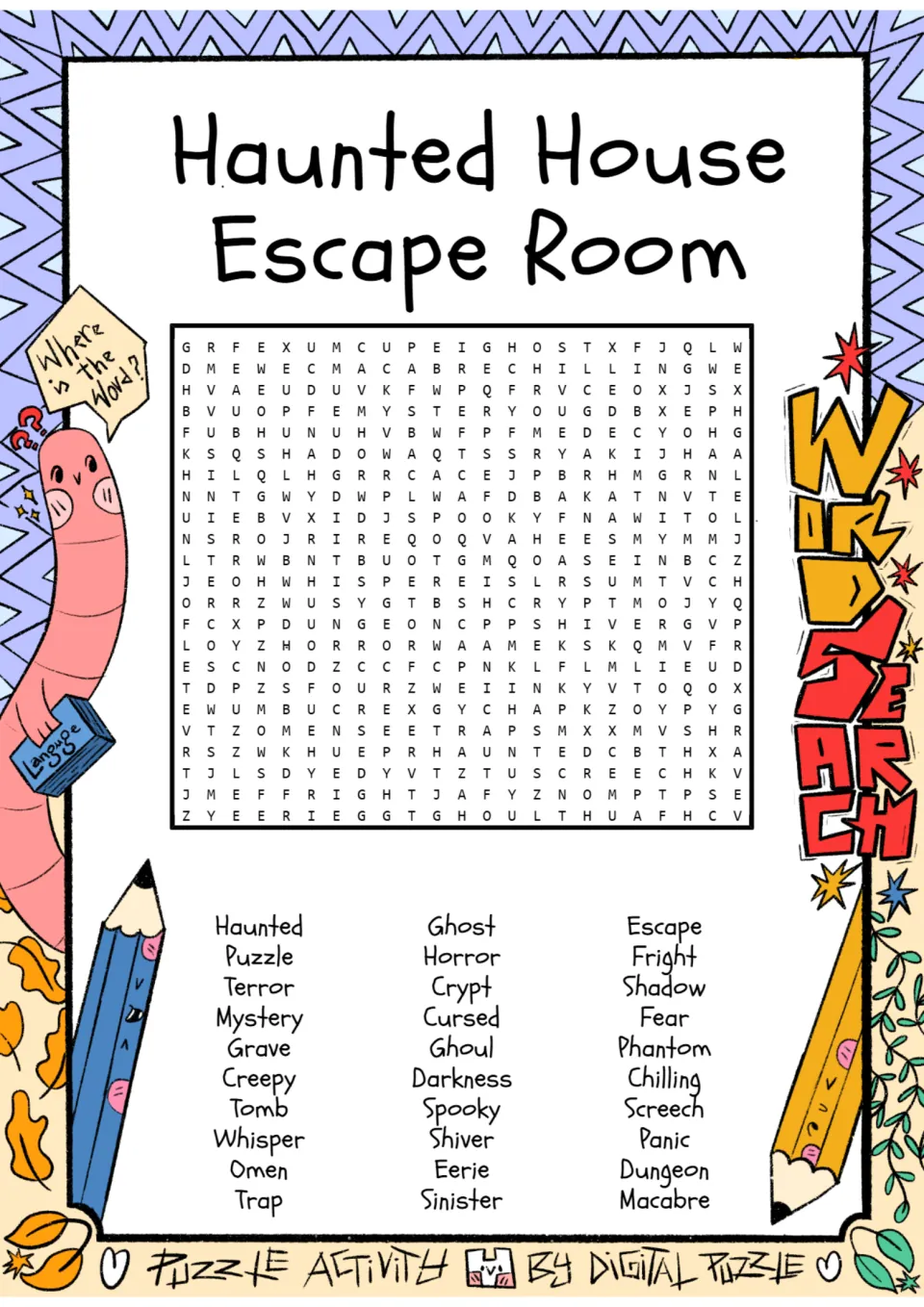 Word search puzzle with 30 spooky terms, including haunted, mystery, ghost, phantom, dungeon, and macabre.