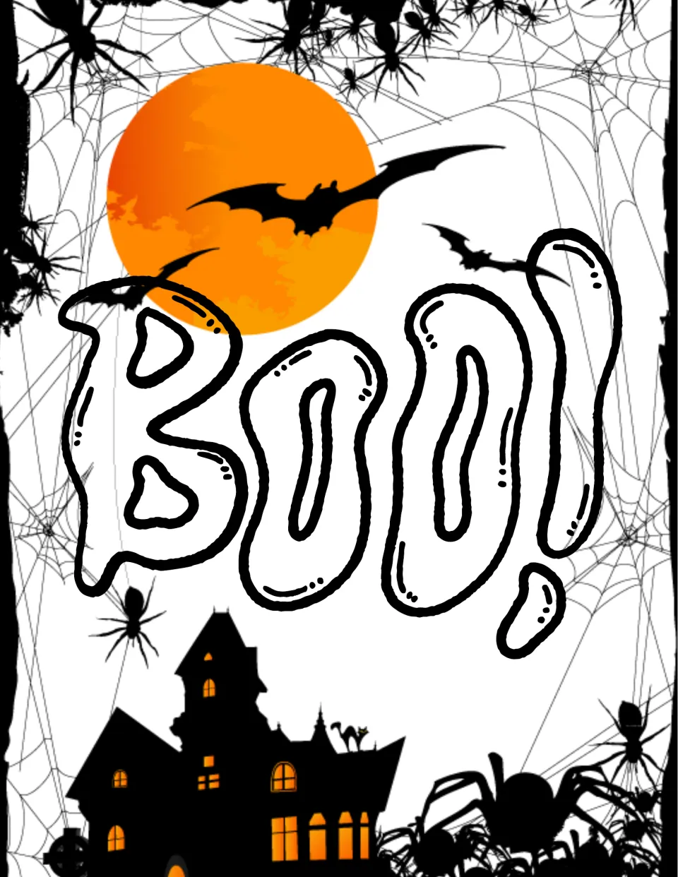 BOO! sign in white bubble letters over an orange moon, with flying bats, spiders on webs and a haunted house silhouette