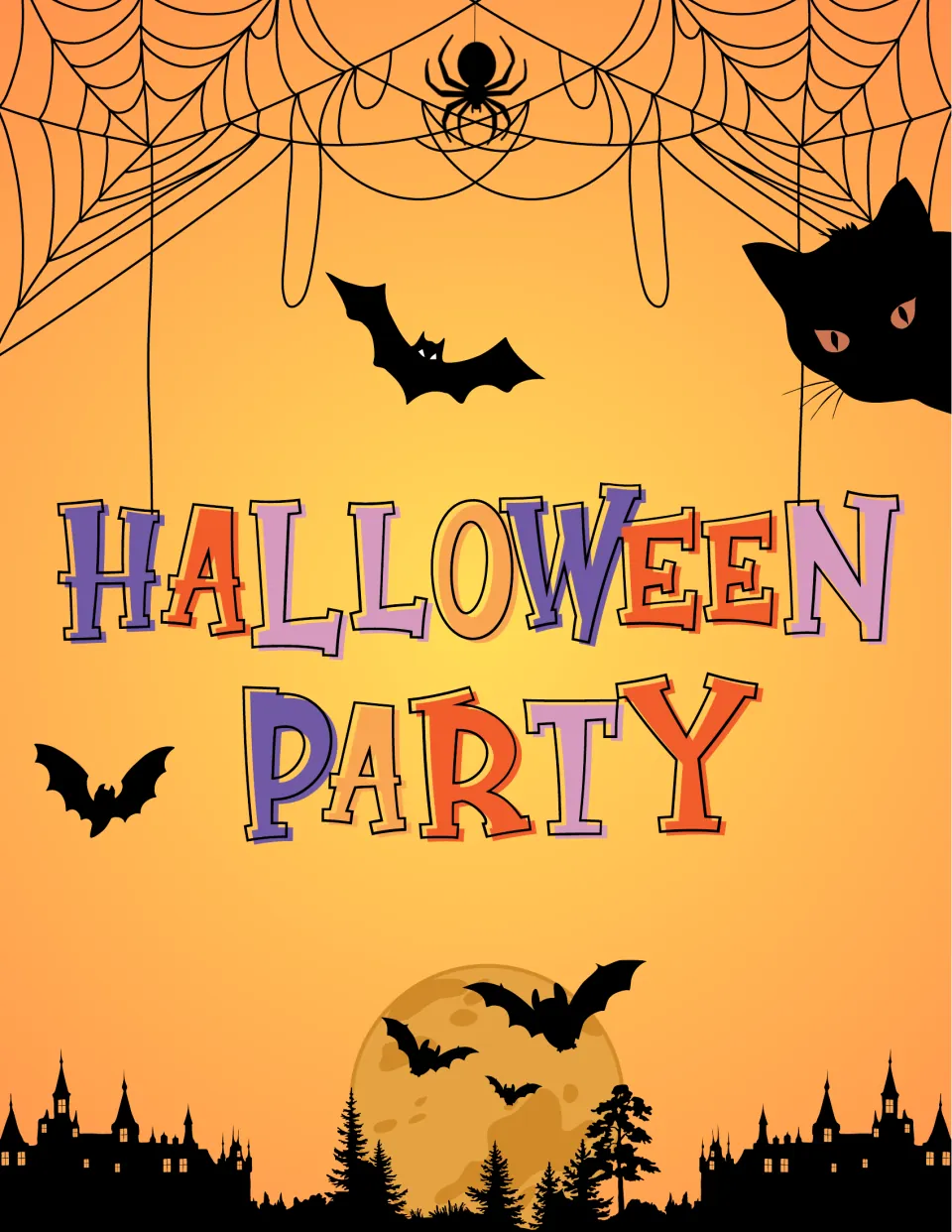 HALLOWEEN PARTY sign in purple, orange and pink letters, with a black cat, a hanging spider, bats and a castle skyline