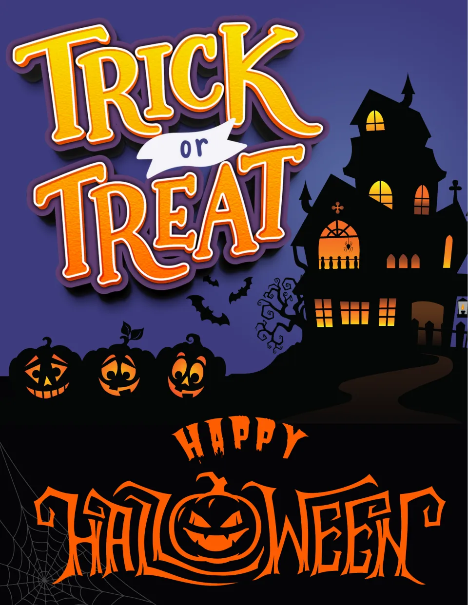 Trick or Treat and HAPPY HALLOWEEN sign, with carved jack-o'-lanterns, bats and a haunted house with glowing windows