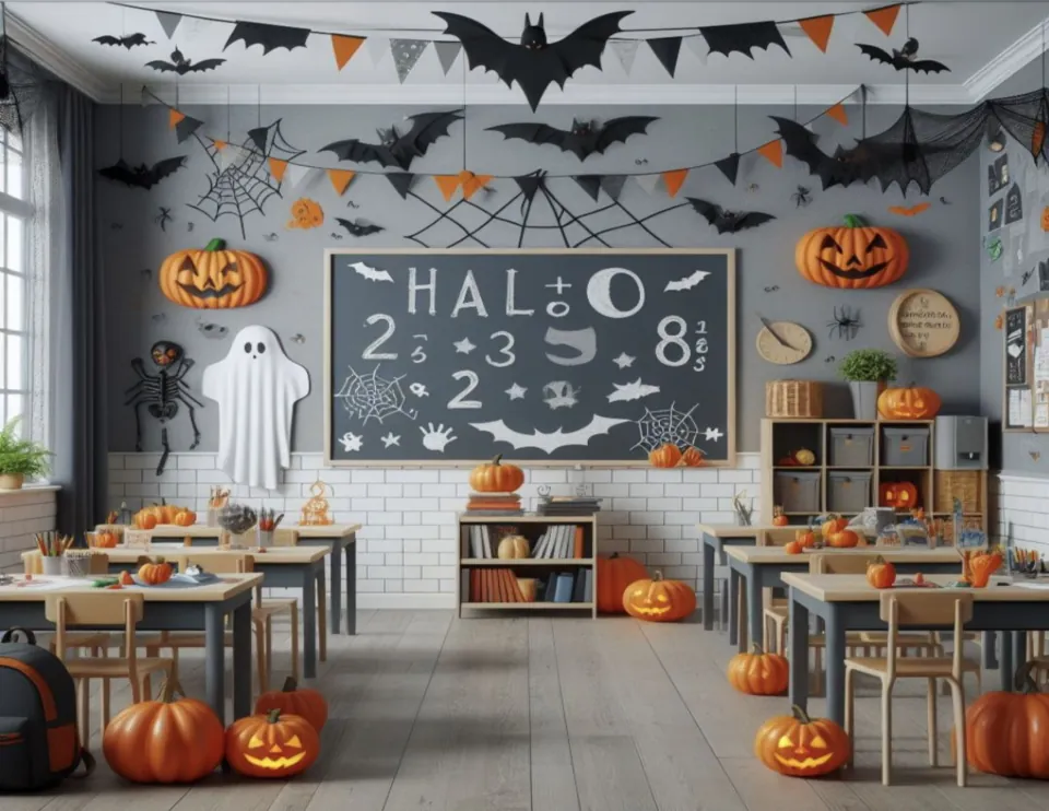 Halloween classroom scene poster: bats, pennant garland, jack-o'-lanterns and a paper ghost around a chalkboard