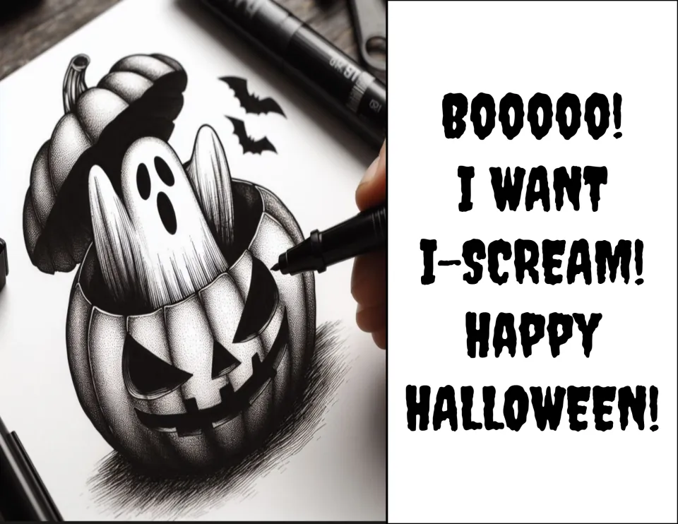 Pun poster 'Booooo! I want I-scream! Happy Halloween!' beside a pen sketch of a ghost rising out of a jack-o'-lantern