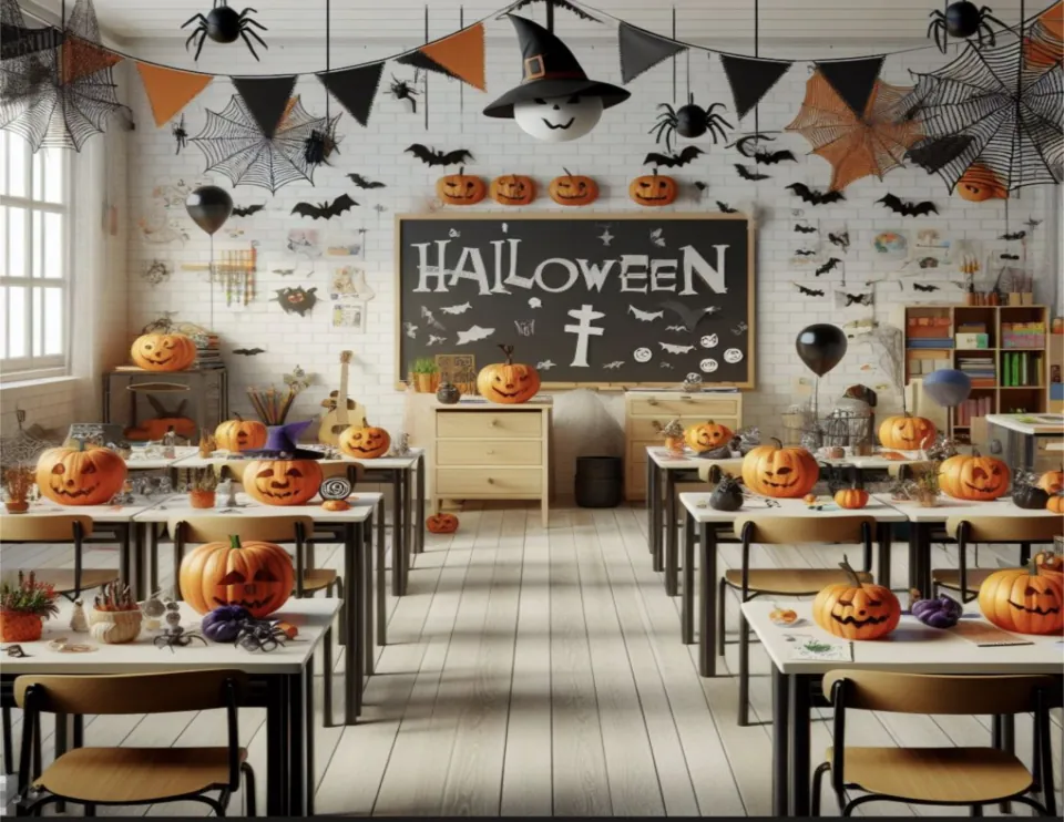 Decorated classroom poster: a chalkboard reading Halloween under webs, a witch-hat ghost, bats and pumpkins on desks