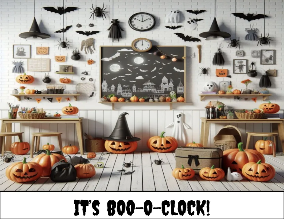 Pun poster 'It's Boo-o-clock!' under a wall with clocks, hanging witch hats, bats, spiders and rows of jack-o'-lanterns