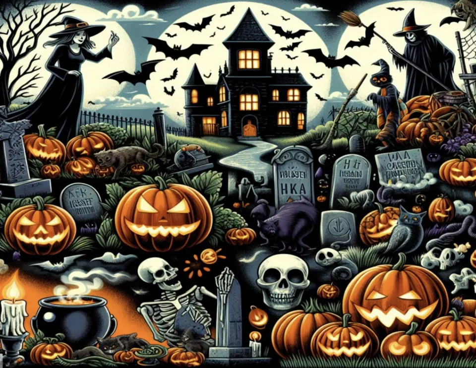 Graveyard scene poster: witches, a haunted house, skeleton, skulls, black cats, a bubbling cauldron and jack-o'-lanterns