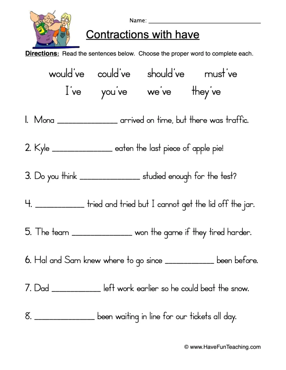 Contractions practice: eight sentences to complete using would’ve, could’ve, should’ve and five more choices.