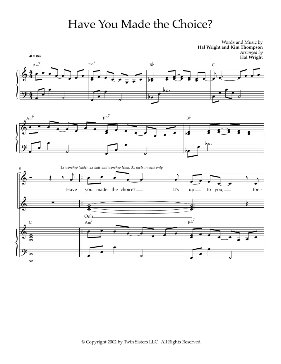 Have You Made the Choice? score, bars 1-10: piano intro in 4/4 at 105 bpm, then the vocal entry with chord symbols