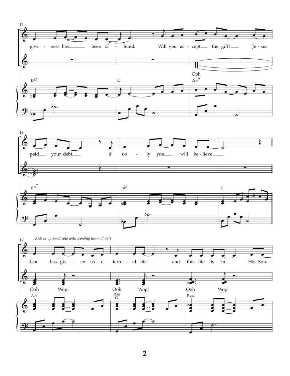Song score, bars 11-19: melody with Ooh, Wop! backing vocals and piano; lyrics on accepting the gift of eternal life